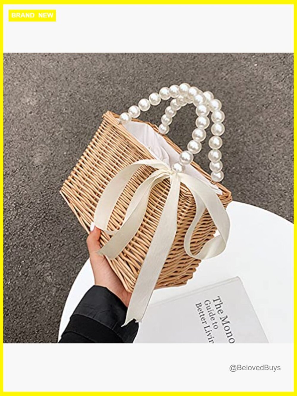 Pearl Straw Handbag with Drawstring Closure Small Tote for Women Summer Beach - Picture 6 of 7